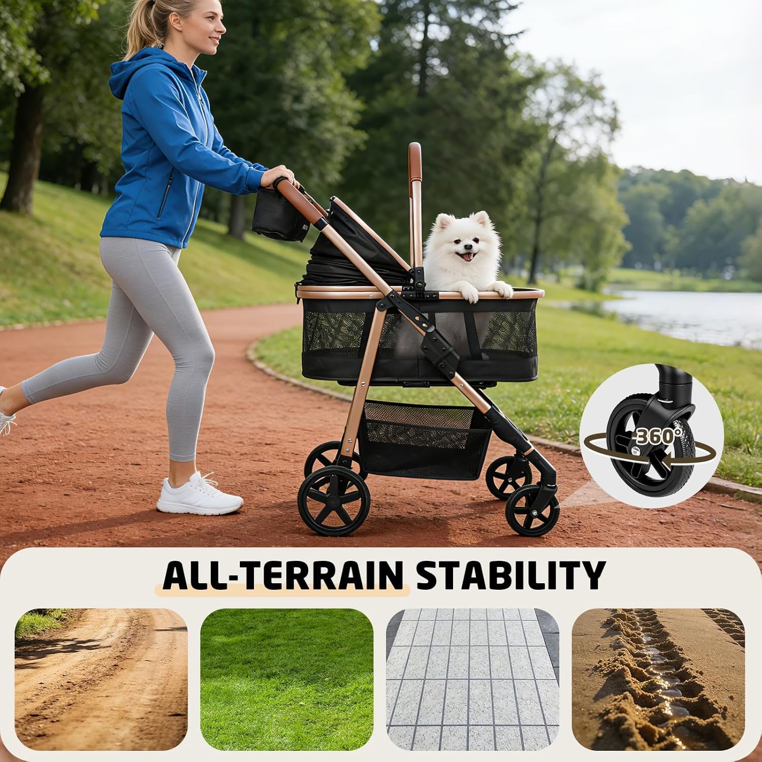Pet Stroller for Small/Medium Dogs & Cats up to 50 Lbs, 3-In-1 Foldable Stroller W/Detachable Carrier & Car Seat, Removable All-Season Liner, Sunshade, Storage Basket & Cup Holder, All-Terrain, Black