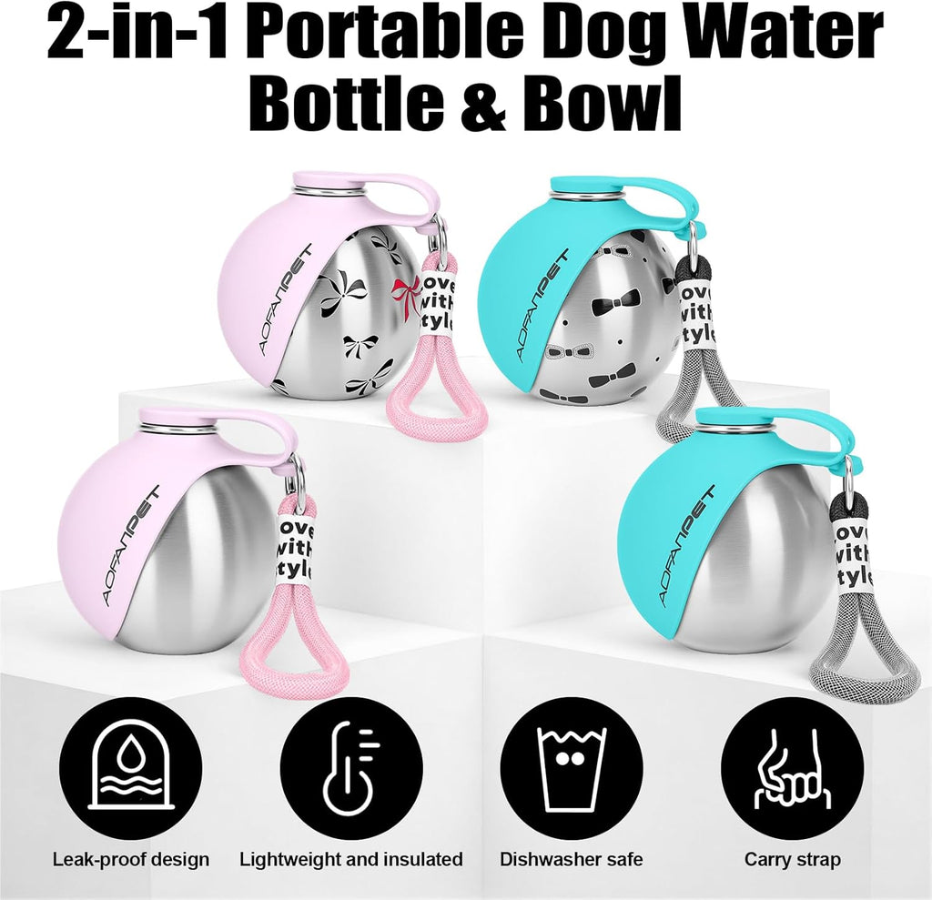 Portable Dog Water Bottle 10Oz Stainless Steel Travel Dog Water Dispenser with Bowl No-Spill Puppy Water Bottle for Walking Hiking Small Dog Water Bottle (Blue Bow Print)