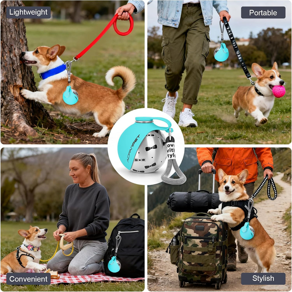 Portable Dog Water Bottle 10Oz Stainless Steel Travel Dog Water Dispenser with Bowl No-Spill Puppy Water Bottle for Walking Hiking Small Dog Water Bottle (Blue Bow Print)