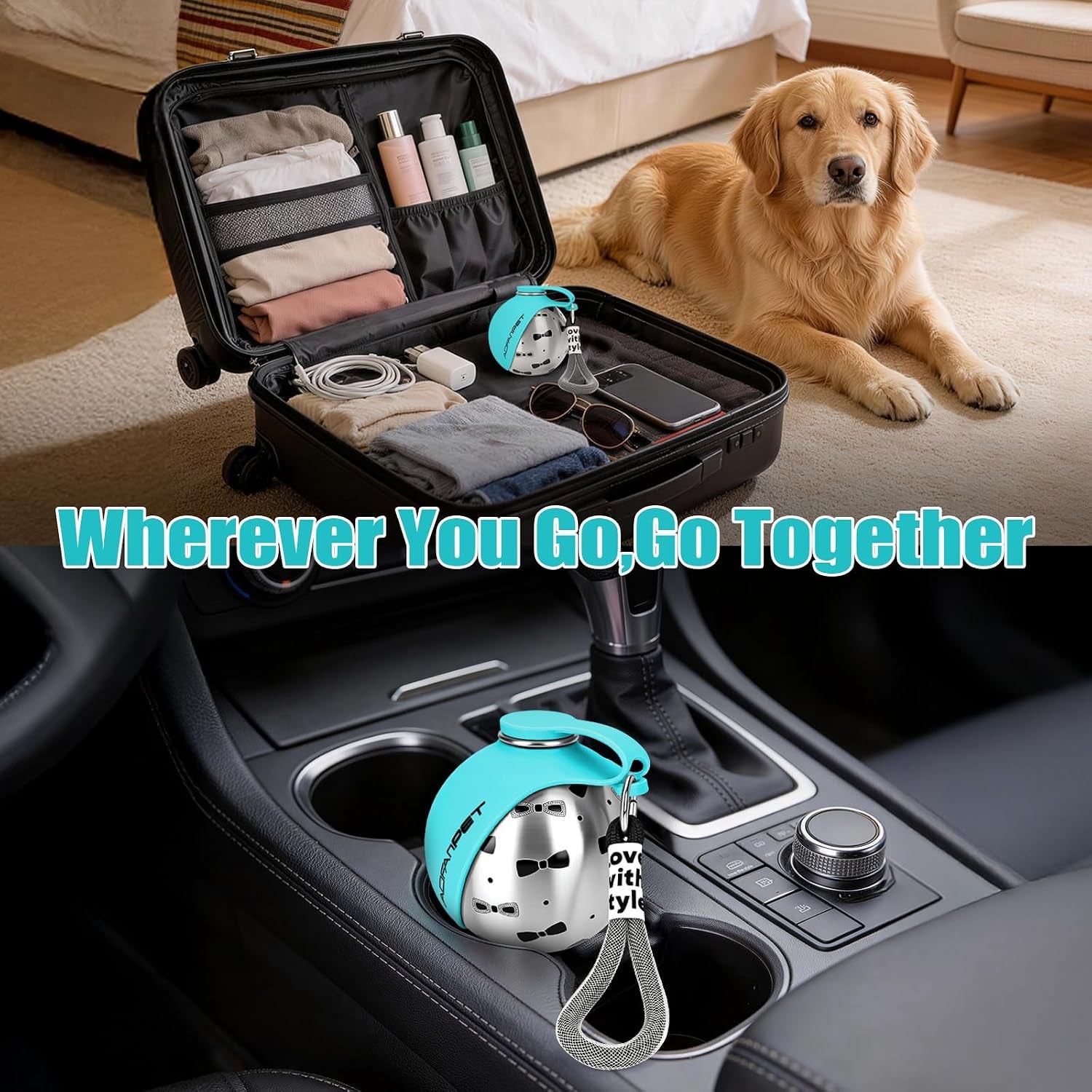 Portable Dog Water Bottle 10Oz Stainless Steel Travel Dog Water Dispenser with Bowl No-Spill Puppy Water Bottle for Walking Hiking Small Dog Water Bottle (Blue Bow Print)