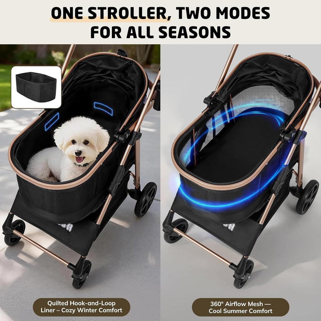 Pet Stroller for Small/Medium Dogs & Cats up to 50 Lbs, 3-In-1 Foldable Stroller W/Detachable Carrier & Car Seat, Removable All-Season Liner, Sunshade, Storage Basket & Cup Holder, All-Terrain, Black