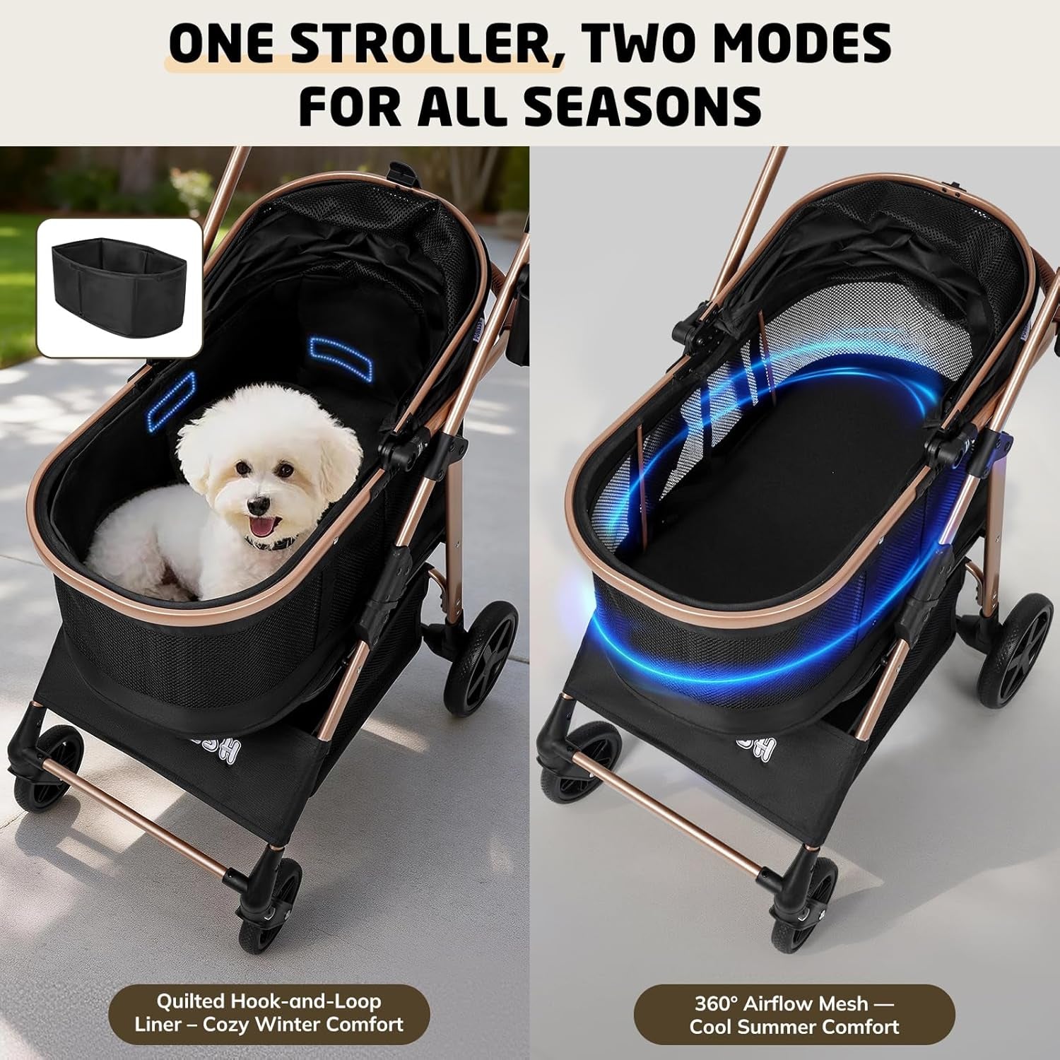 Pet Stroller for Small/Medium Dogs & Cats up to 50 Lbs, 3-In-1 Foldable Stroller W/Detachable Carrier & Car Seat, Removable All-Season Liner, Sunshade, Storage Basket & Cup Holder, All-Terrain, Black