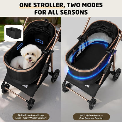 Pet Stroller for Small/Medium Dogs & Cats up to 50 Lbs, 3-In-1 Foldable Stroller W/Detachable Carrier & Car Seat, Removable All-Season Liner, Sunshade, Storage Basket & Cup Holder, All-Terrain, Black
