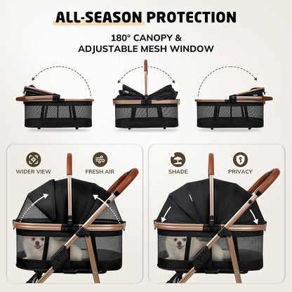 Pet Stroller for Small/Medium Dogs & Cats up to 50 Lbs, 3-In-1 Foldable Stroller W/Detachable Carrier & Car Seat, Removable All-Season Liner, Sunshade, Storage Basket & Cup Holder, All-Terrain, Black