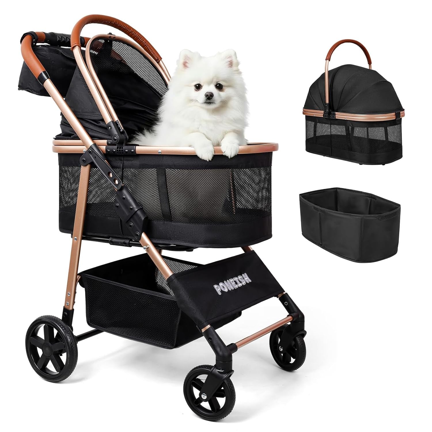 Pet Stroller for Small/Medium Dogs & Cats up to 50 Lbs, 3-In-1 Foldable Stroller W/Detachable Carrier & Car Seat, Removable All-Season Liner, Sunshade, Storage Basket & Cup Holder, All-Terrain, Black