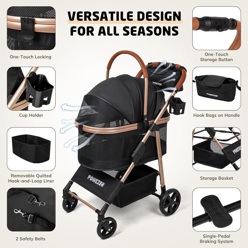 Pet Stroller for Small/Medium Dogs & Cats up to 50 Lbs, 3-In-1 Foldable Stroller W/Detachable Carrier & Car Seat, Removable All-Season Liner, Sunshade, Storage Basket & Cup Holder, All-Terrain, Black