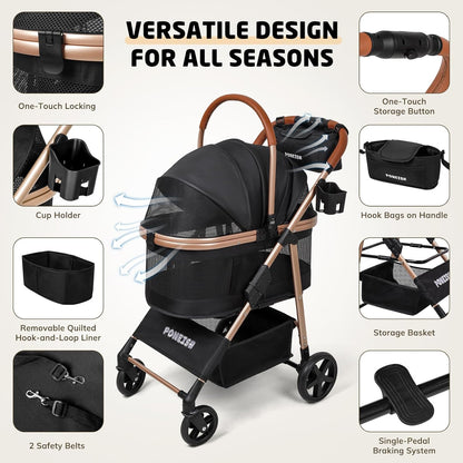 Pet Stroller for Small/Medium Dogs & Cats up to 50 Lbs, 3-In-1 Foldable Stroller W/Detachable Carrier & Car Seat, Removable All-Season Liner, Sunshade, Storage Basket & Cup Holder, All-Terrain, Black
