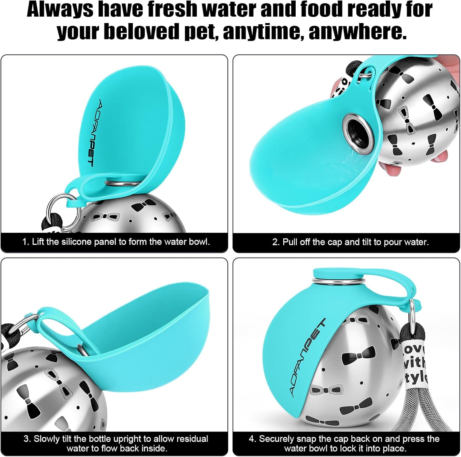 Portable Dog Water Bottle 10Oz Stainless Steel Travel Dog Water Dispenser with Bowl No-Spill Puppy Water Bottle for Walking Hiking Small Dog Water Bottle (Blue Bow Print)