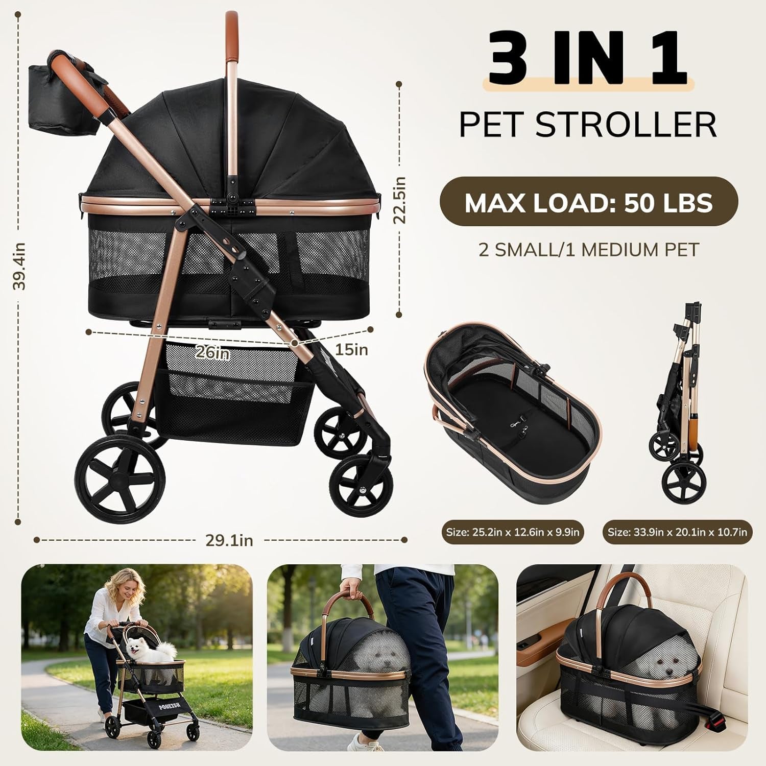 Pet Stroller for Small/Medium Dogs & Cats up to 50 Lbs, 3-In-1 Foldable Stroller W/Detachable Carrier & Car Seat, Removable All-Season Liner, Sunshade, Storage Basket & Cup Holder, All-Terrain, Black