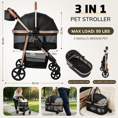 Pet Stroller for Small/Medium Dogs & Cats up to 50 Lbs, 3-In-1 Foldable Stroller W/Detachable Carrier & Car Seat, Removable All-Season Liner, Sunshade, Storage Basket & Cup Holder, All-Terrain, Black