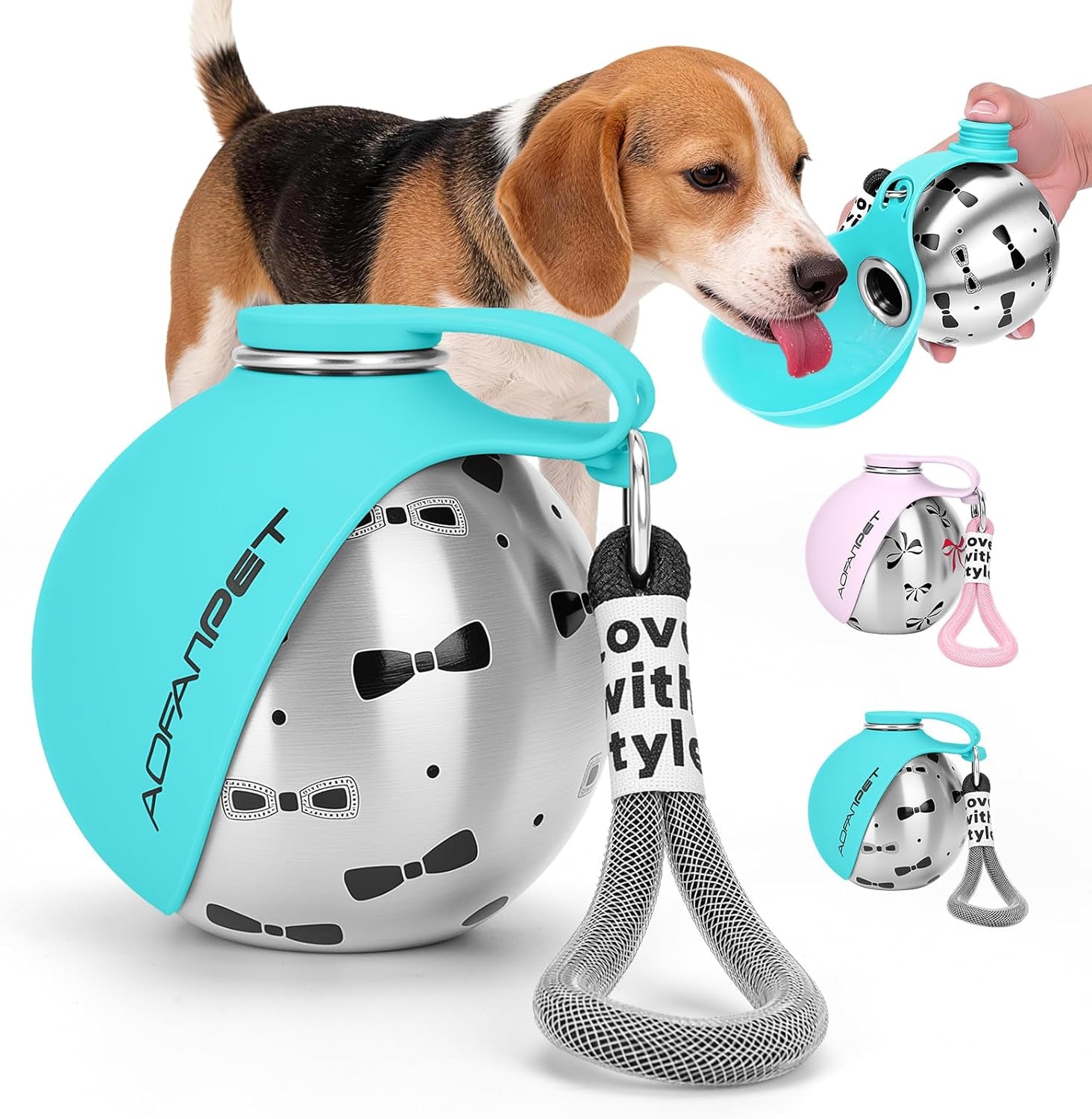 Portable Dog Water Bottle 10Oz Stainless Steel Travel Dog Water Dispenser with Bowl No-Spill Puppy Water Bottle for Walking Hiking Small Dog Water Bottle (Blue Bow Print)