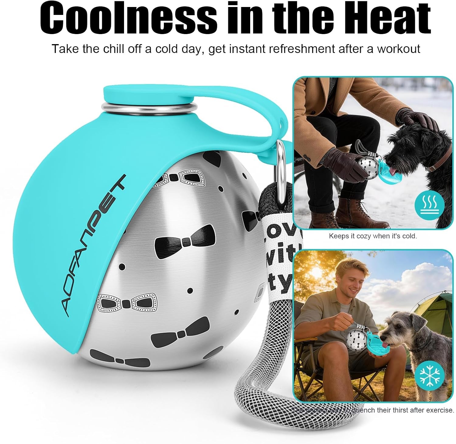 Portable Dog Water Bottle 10Oz Stainless Steel Travel Dog Water Dispenser with Bowl No-Spill Puppy Water Bottle for Walking Hiking Small Dog Water Bottle (Blue Bow Print)